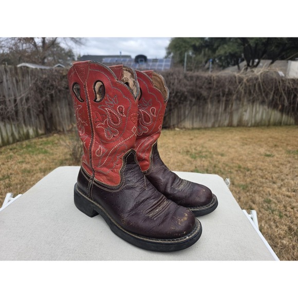 Ariat Brown Red Leather Cowboy Western Boots Women's Square Toe 5B - Picture 2 of 11